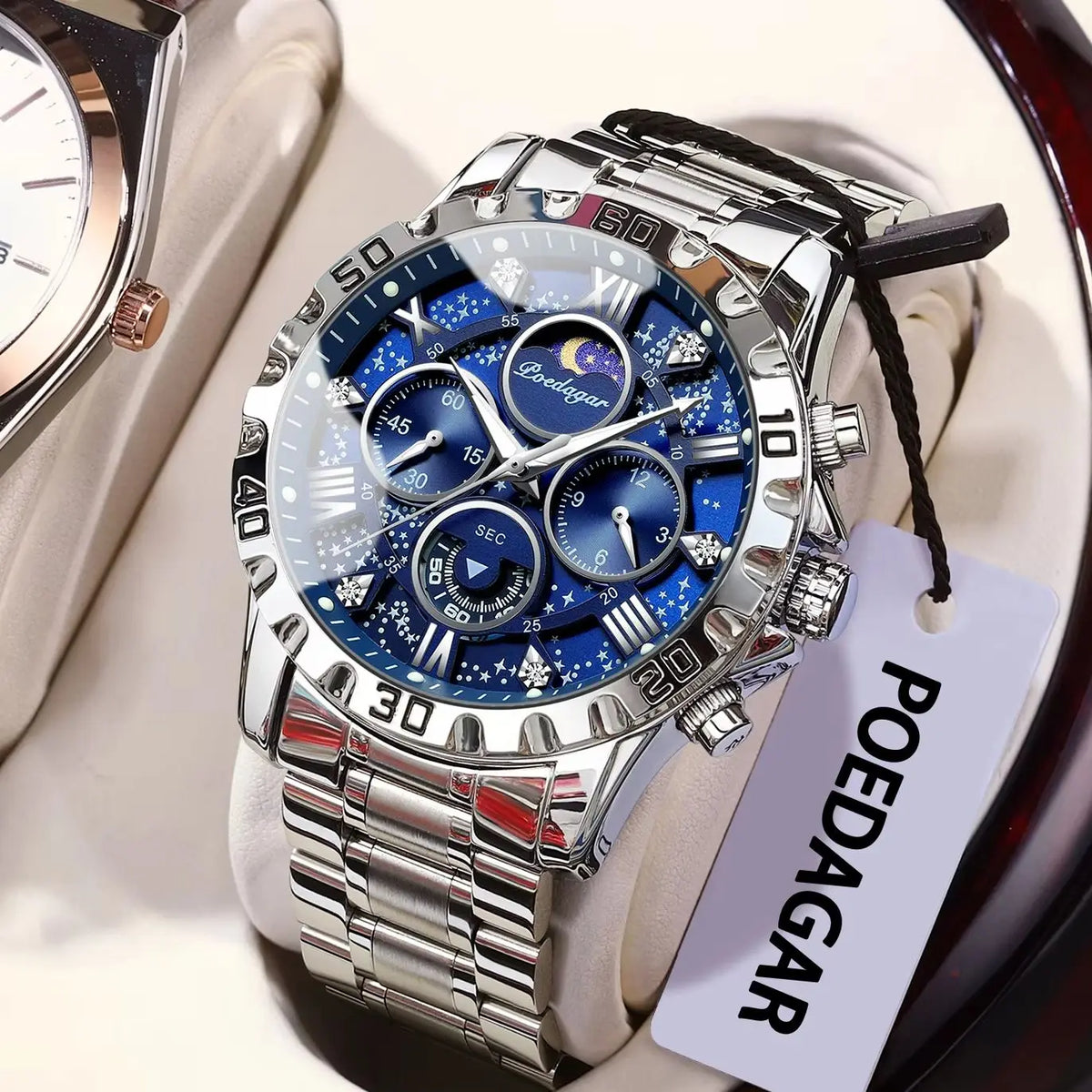 POEDAGAR herenhorloge – Luxe chronograaf, waterdicht en lichtgevend, van roestvrij staal, in sportieve en militaire stijl, met quartz uurwerk