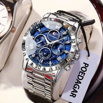 POEDAGAR herenhorloge – Luxe chronograaf, waterdicht en lichtgevend, van roestvrij staal, in sportieve en militaire stijl, met quartz uurwerk