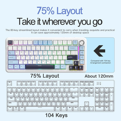 FREEWOLF F75 Gaming Mechanical Keyboard, 75% Tri-Mode Wireless Bluetooth, AULA F75 Same Model, RGB Hot Swappable PBT 4000mAh