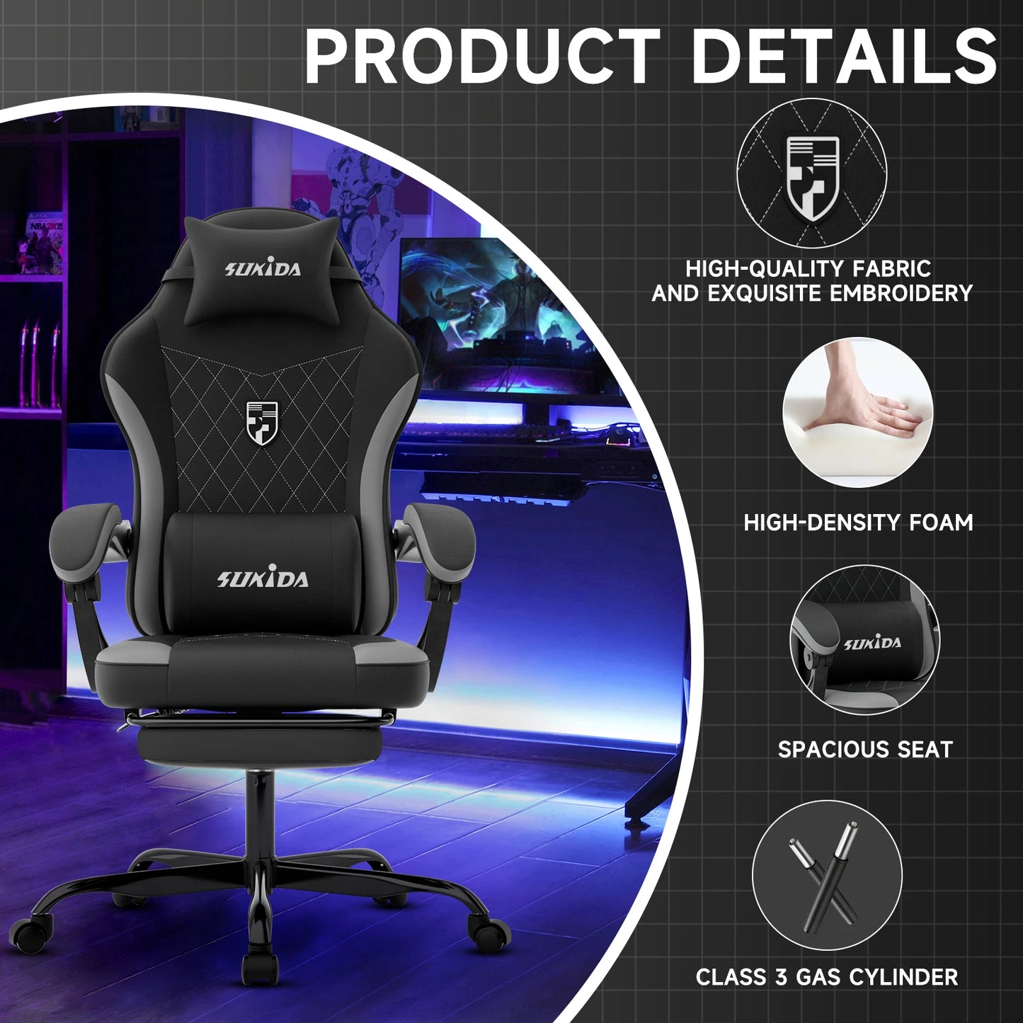 SUKIDA Gaming Chair Ergonomic High Back Computer Chair with Footrest, Reclining Office Chair with Adjustable Height, Comfortable Racing Style Desk Chair