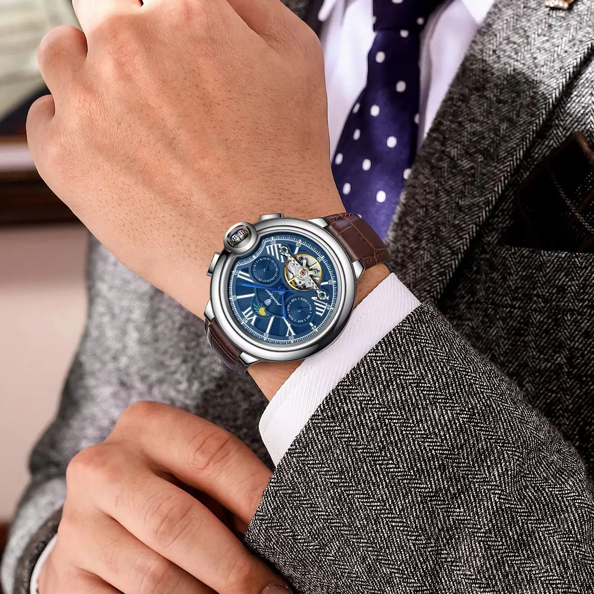 POEDAGAR luksuzni muški sat – automatski mehanički model s prikazom datuma i dana, kožni remen, tourbillon, vodootporan, elegantan i profesionalan stil.