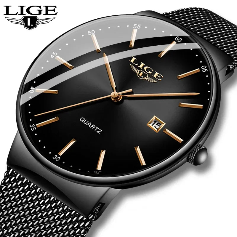 LIGE Herrenuhr, elegantes und luxuriöses Modell, ultraflach, wasserdicht, mit Gliederarmband, Quarzwerk, Datums- und Kalenderanzeige – ideal für einen professionellen Look.
