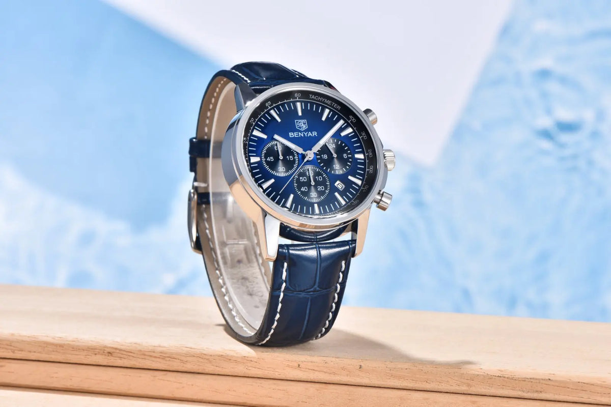 Reloj de lujo para hombre Benyar: cronógrafo con fecha, correa de piel, resistente al agua, luminiscente, estilo deportivo y militar, reloj de cuarzo