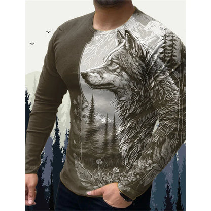 3D-printet Wolf Eagle T-shirt til mænd – T-shirts med vintage dyremønster – forår/efterår – langærmede T-shirts med rund hals – løse street-T-shirts