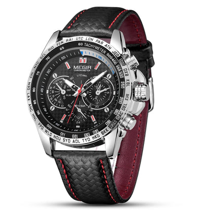Montre-bracelet analogique à quartz pour homme MEGIR – Montre de luxe étanche avec bracelet en cuir, style décontracté, modèle 1010 (noir)