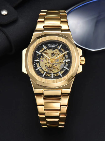 LONGLUX Men automatic mechanical watch luxury watches waterproof skeleton business cheap wholesale stainless steel gift watch