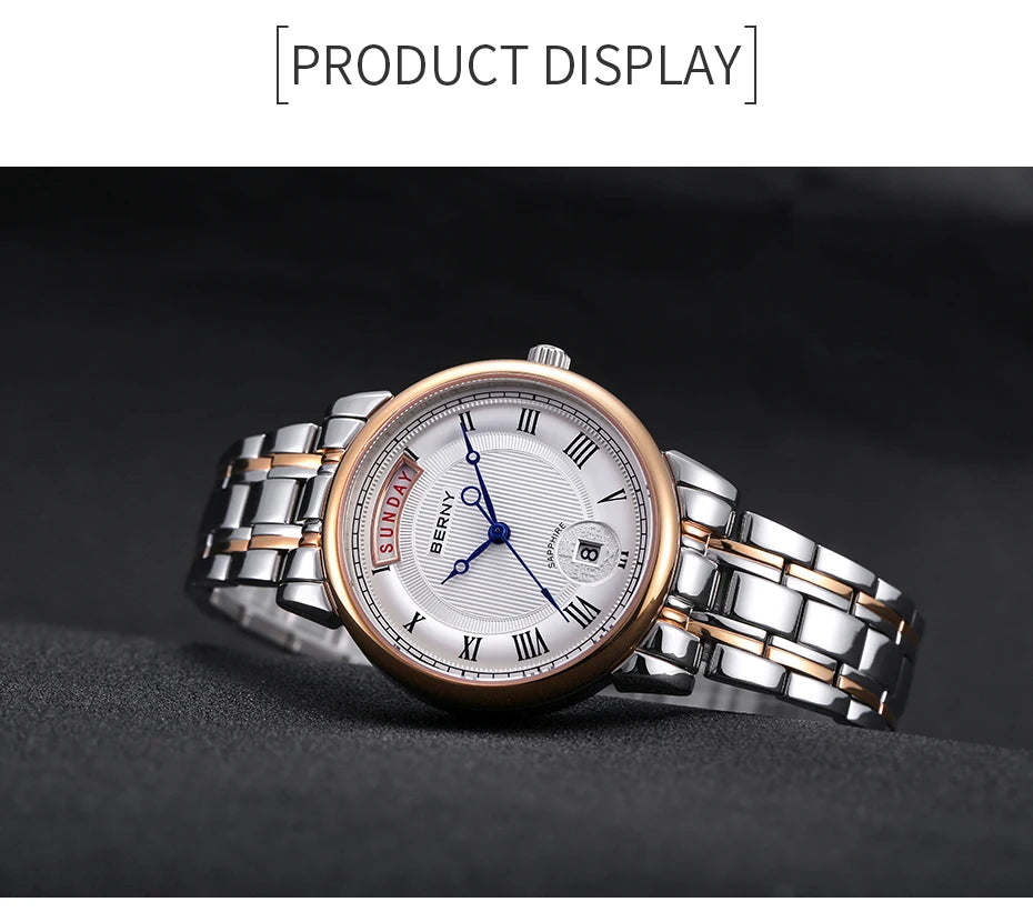 BERNY Women Watch Ladies Quartz Roman Numerals Day Top Calendar Watches Sapphire Glass Solid Steel Strap Women Wristwatch