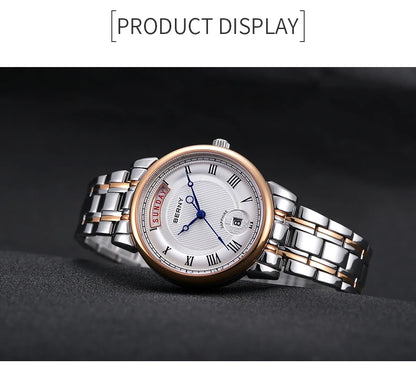 BERNY Women Watch Ladies Quartz Roman Numerals Day Top Calendar Watches Sapphire Glass Solid Steel Strap Women Wristwatch
