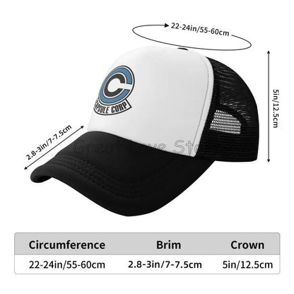 „Capsule Corp“ tinklinės beisbolo kepurės, unisex, hip-hop stiliaus „trucker“ kepurės, anime DBZ stiliaus „dad hat“ kepurės, reguliuojamos lenktyninės kepurės, vasarinės „trucker“ kepurės su užsegimu