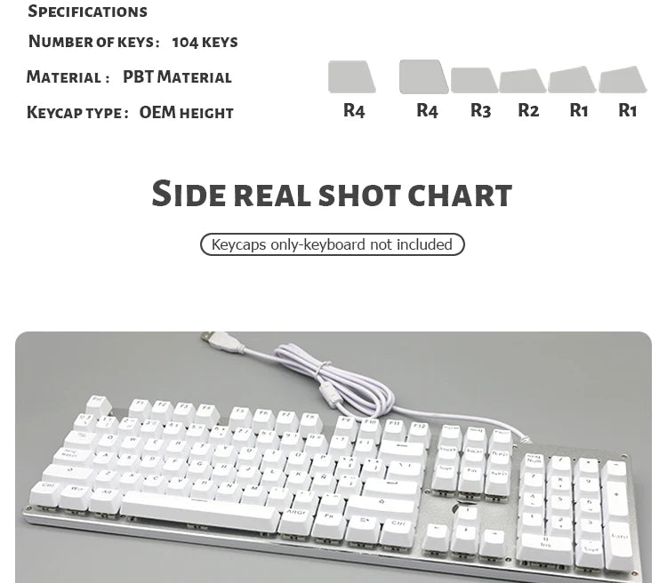 104 Tasten Koreanische, französische, russische, spanische und deutsche hintergrundbeleuchtete Tastenkappen für mechanische Tastaturen mit MX-Switches, OEM-Profil, ABS-Keycaps, DIY