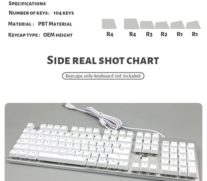104 Tasten Koreanische, französische, russische, spanische und deutsche hintergrundbeleuchtete Tastenkappen für mechanische Tastaturen mit MX-Switches, OEM-Profil, ABS-Keycaps, DIY