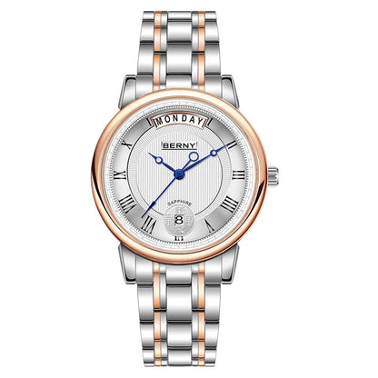 BERNY Women Watch Ladies Quartz Roman Numerals Day Top Calendar Watches Sapphire Glass Solid Steel Strap Women Wristwatch