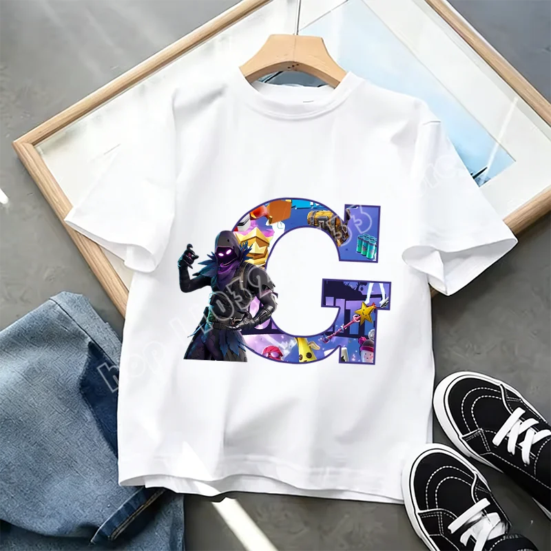 Fortnite A-Z Alphabet Print T Shirt Summer Kids White Clothing Popular Cartoon Game T Shirt Fashion Casual Short Sleeve Top Gift