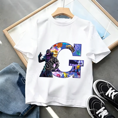 Fortnite A-Z Alphabet Print T Shirt Summer Kids White Clothing Popular Cartoon Game T Shirt Fashion Casual Short Sleeve Top Gift