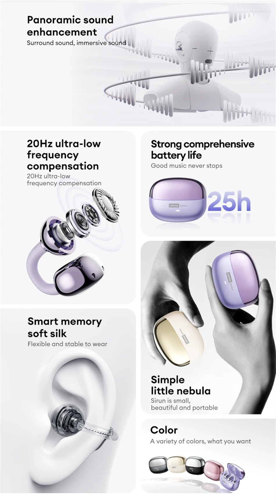 Auriculares Lenovo LE302 inalámbricos Bluetooth 6.0, batería de larga duración, clip deportivo para la oreja, estéreo HIFI con cancelación de ruido