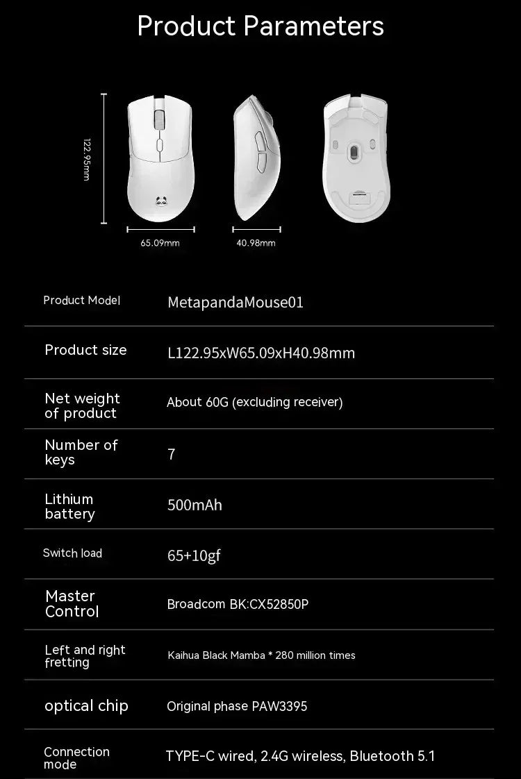Metaphyuni Metapanda P1 belaidė pelė P1 Pro Max Paw3395L, mažos delsos, lengva e. sporto žaidimų pelė, ergonomiška, PC žaidėjui skirta dovana