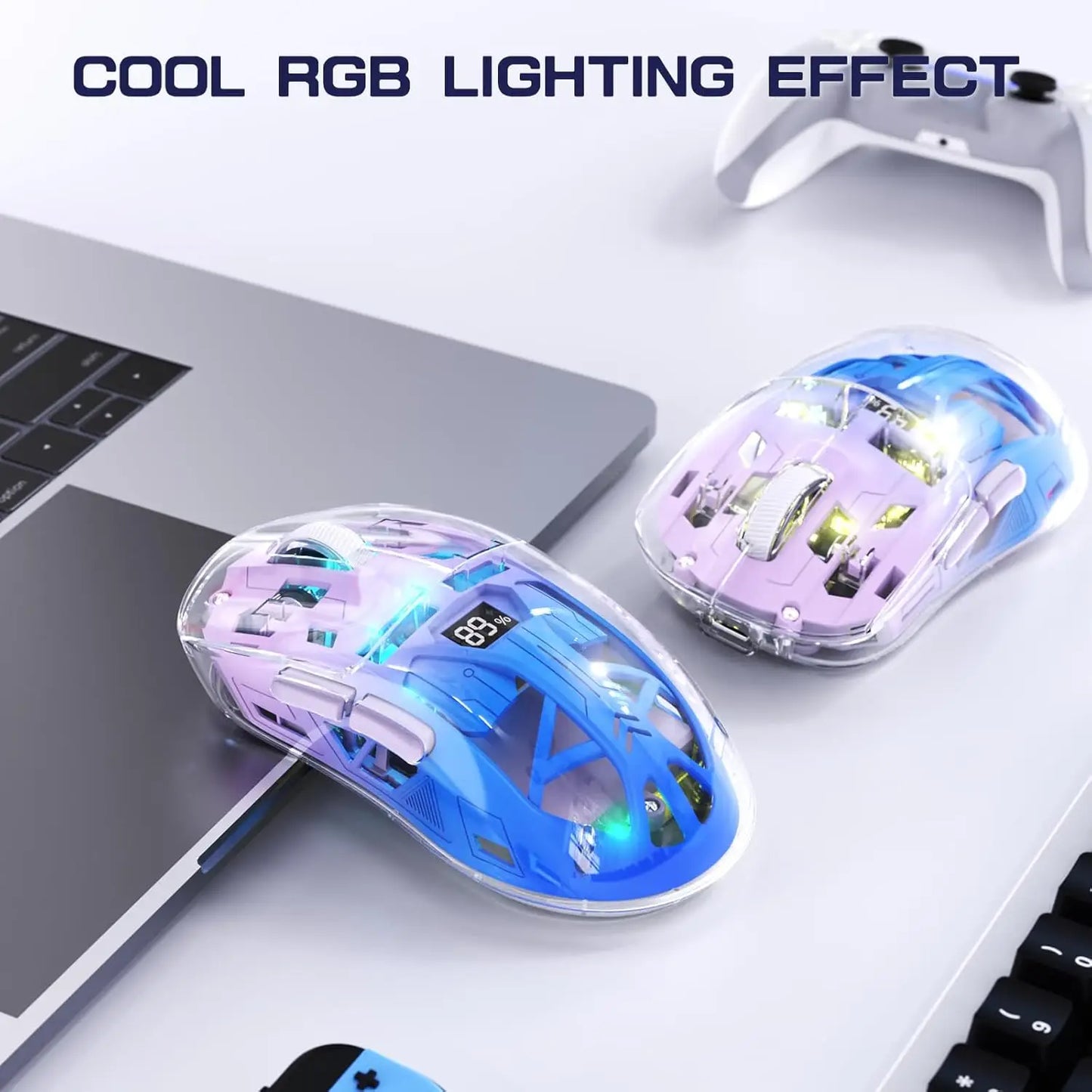 A2 przezroczysta bezprzewodowa mysz gamingowa, BT 5.0/2.4G, ładowalna mysz RGB do PC z ekranem cyfrowym, PixArt 3212, 5 regulowanych poziomów DPI