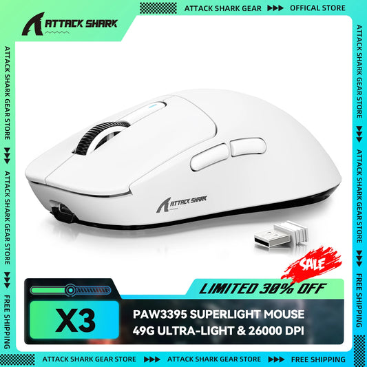 Rato Gaming Sem Fios ATTACK SHARK X3, Sensor PixArt PAW3395, 26K DPI, Ultraligeiro 49g, Tri-modo 2.4G/Bluetooth/Com Fio, para PC/MAC