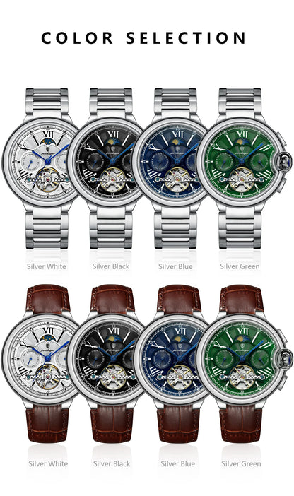 POEDAGAR Luxury Male Watch Tourbillon Date Week Stainless Steel Men Watch Waterproof Automatic Mechanical Military Men's Watches