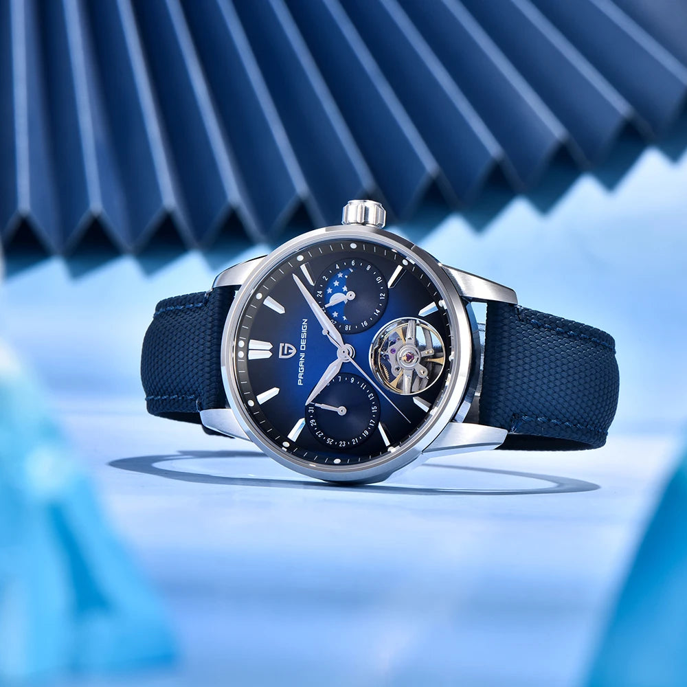 PAGANI DESIGN – Luxe mechanisch herenhorloge, 41 mm, saffierglas, leren band, waterdicht, pilotenstijl, met tourbillon en maanfase