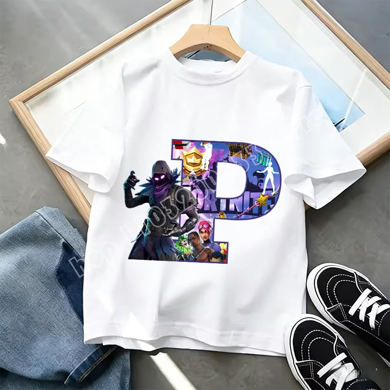 Fortnite A-Z Alphabet Print T Shirt Summer Kids White Clothing Popular Cartoon Game T Shirt Fashion Casual Short Sleeve Top Gift
