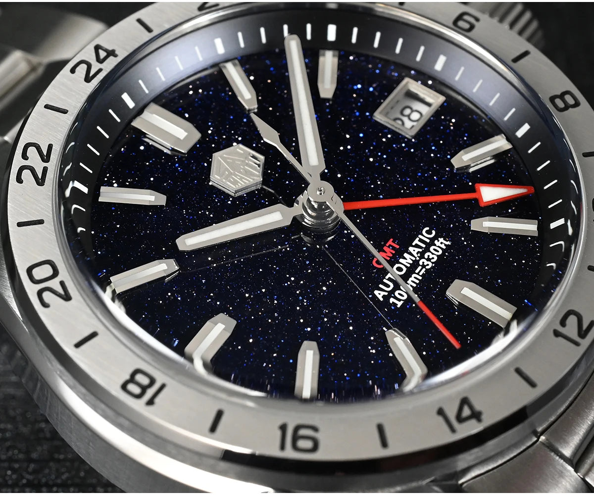 Relógio de Luxo para Homem San Martin 39mm com Mostrador em Pedra Aventurina, NH34 GMT Automático Mecânico, Safira, Impermeável e Luminescente SN0129