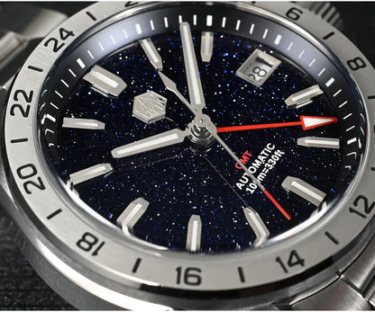 Relógio de Luxo para Homem San Martin 39mm com Mostrador em Pedra Aventurina, NH34 GMT Automático Mecânico, Safira, Impermeável e Luminescente SN0129