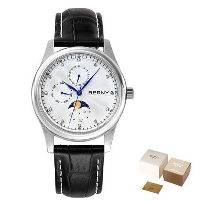 BERNY Men's Watch Date Weeks Moon Phase Quartz Watches for Men Stainless Steel Leather Strap Business Wristwatch Male Clock