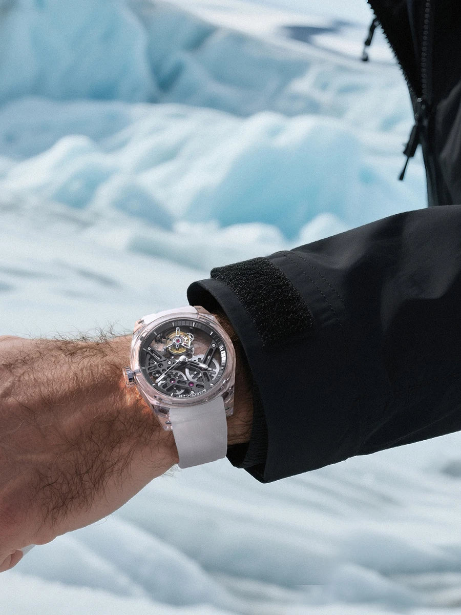 AGELOCER Limited Edition „Ice Never Melts“ Luxuriöse mechanische Handaufzugsuhr mit Free-sprung Crystal Tourbillon