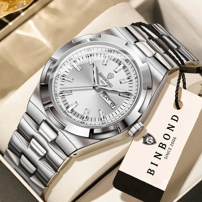 BINBOND rozsdamentes acélból készült kvarc karórák férfiaknak – Luxus, vízálló és fényvisszaverő karóra – Eredeti férfi modell