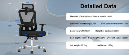 Durrafy Ergonomic Office Chair with Headrest & Armrests, Adjustable Swivel Desk Chair, 90°-130° Reclining Executive Mesh Chair for Home Office
