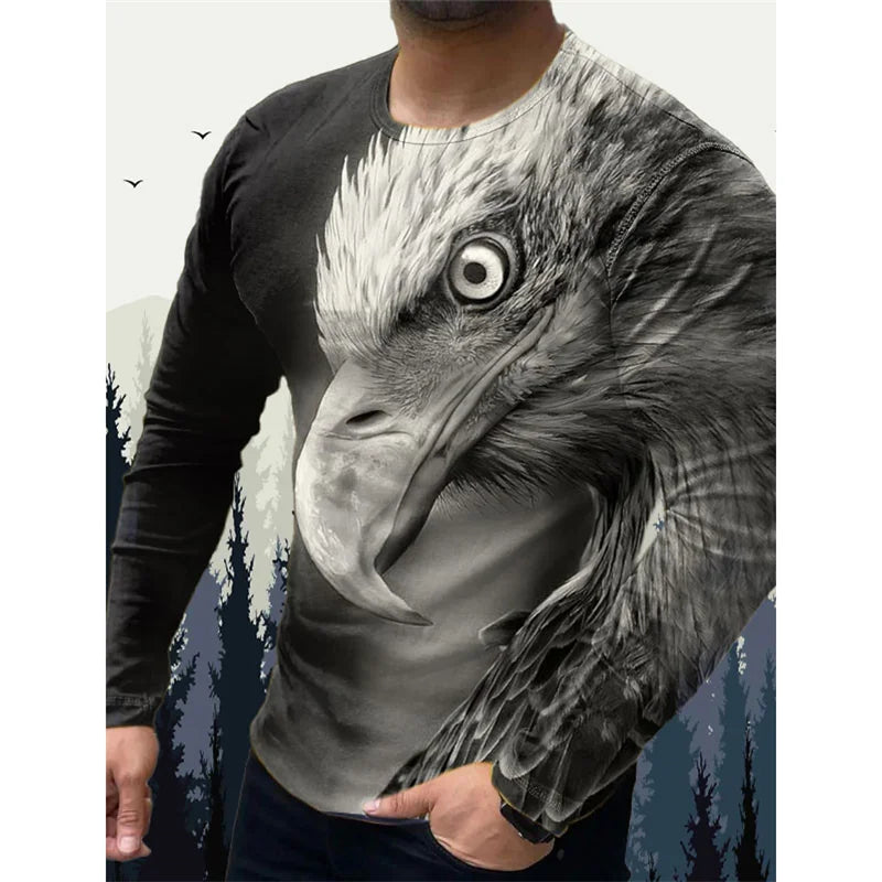 3D-printet Wolf Eagle T-shirt til mænd – T-shirts med vintage dyremønster – forår/efterår – langærmede T-shirts med rund hals – løse street-T-shirts