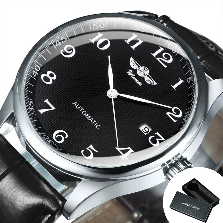 WINNER Men’s Watch – Classic, retro and elegant style – Automatic mechanical watch with date display – Luxury brand, steel case and leather strap