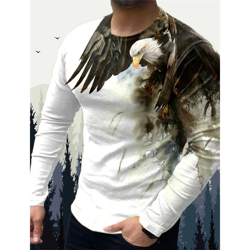 3D-printet Wolf Eagle T-shirt til mænd – T-shirts med vintage dyremønster – forår/efterår – langærmede T-shirts med rund hals – løse street-T-shirts