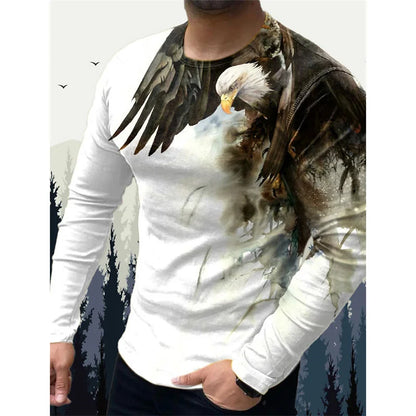 3D-printet Wolf Eagle T-shirt til mænd – T-shirts med vintage dyremønster – forår/efterår – langærmede T-shirts med rund hals – løse street-T-shirts