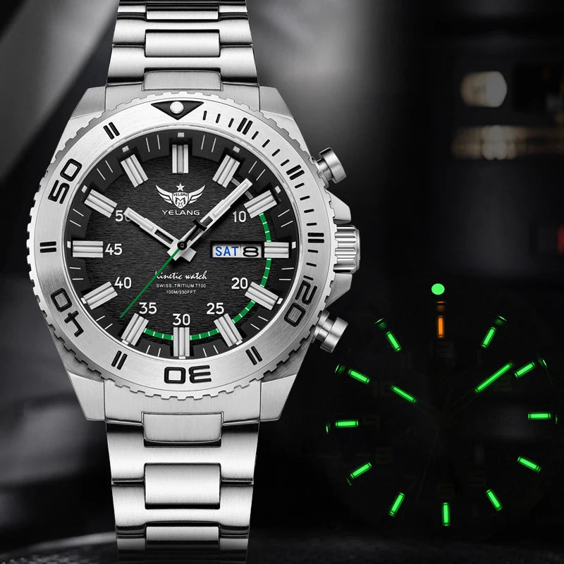 Yelang Watches V1035 44mm Men Diving Watch Human Kinetic Energy Watch 100m Waterproof Watches luminous Japan PX83 Sapphire