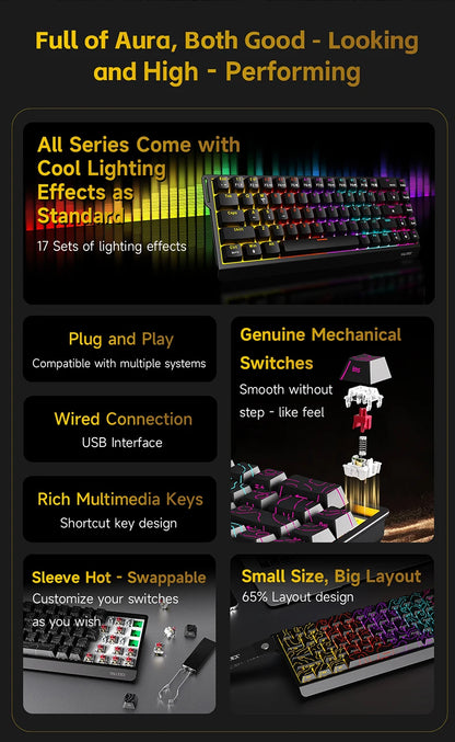 AJAZZ NK68 V2 Wired Mechanical Keyboard Plug and Play 65% Layout Design Sleeve Hot 68-Key Keyboard Colorful Backlight for PC