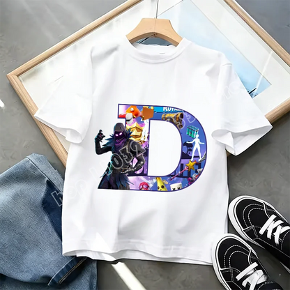 Fortnite A-Z Alphabet Print T Shirt Summer Kids White Clothing Popular Cartoon Game T Shirt Fashion Casual Short Sleeve Top Gift