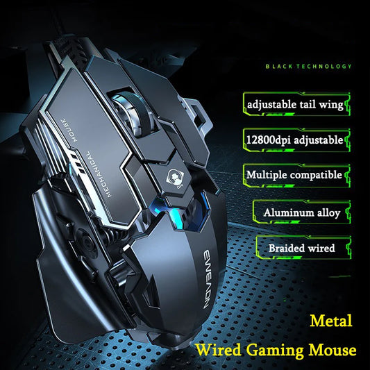 Mechanikus fém gamer egér, vezetékes, ergonomikus, RGB háttérvilágítású játékegér, 12800 DPI optikai USB egér asztali PC-hez