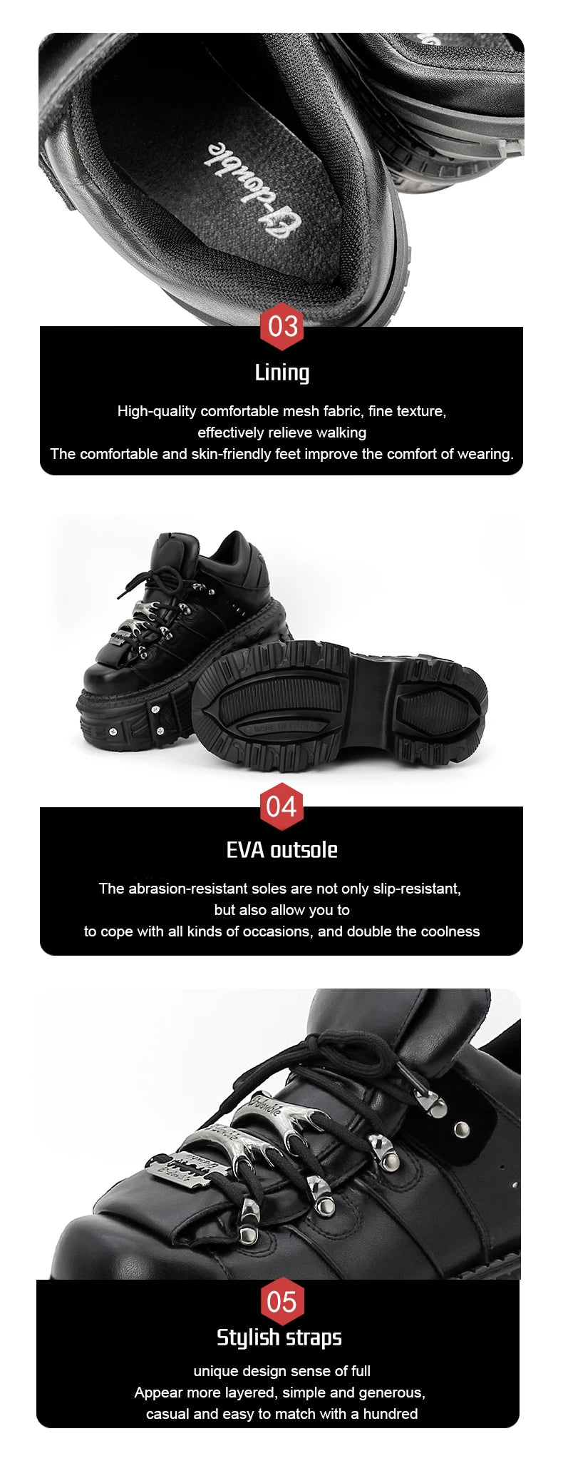 Damskor i punkstil, snörning, klackhöjd 6 cm, platåskor, gotiska ankelstövlar för kvinnor, rockstövlar, metalldekor, damsneakers