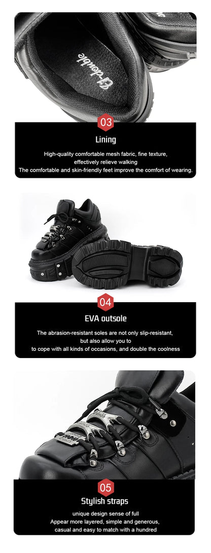 Damskor i punkstil, snörning, klackhöjd 6 cm, platåskor, gotiska ankelstövlar för kvinnor, rockstövlar, metalldekor, damsneakers
