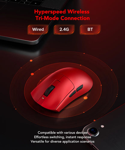 Mouse de gaming KYSONA Jupiter Series cu fir și wireless, 8Khz, senzor PAW3950, Bluetooth, 46g, reîncărcabil, driver web pentru PC și laptop