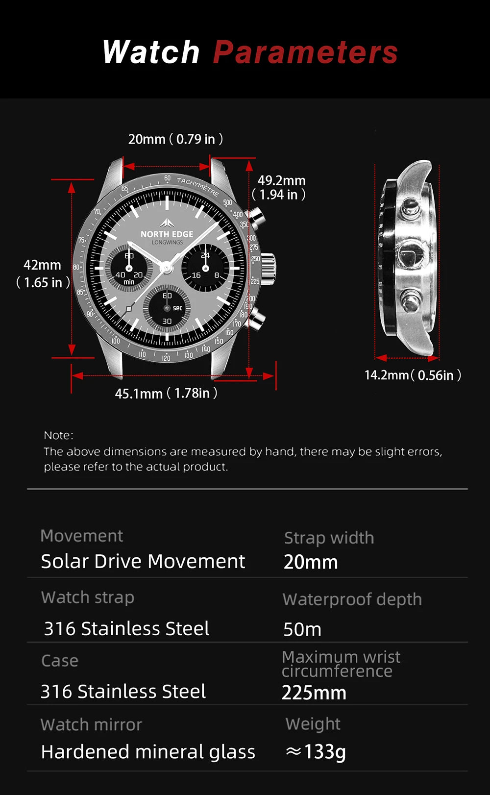 Relógio de Quartzo para Homem NORTH EDGE 2025 LONGWINGS, Alimentação Solar, Cronómetro, Impermeável 50M, Aço Inoxidável 316, Luminoso, Estilo Piloto
