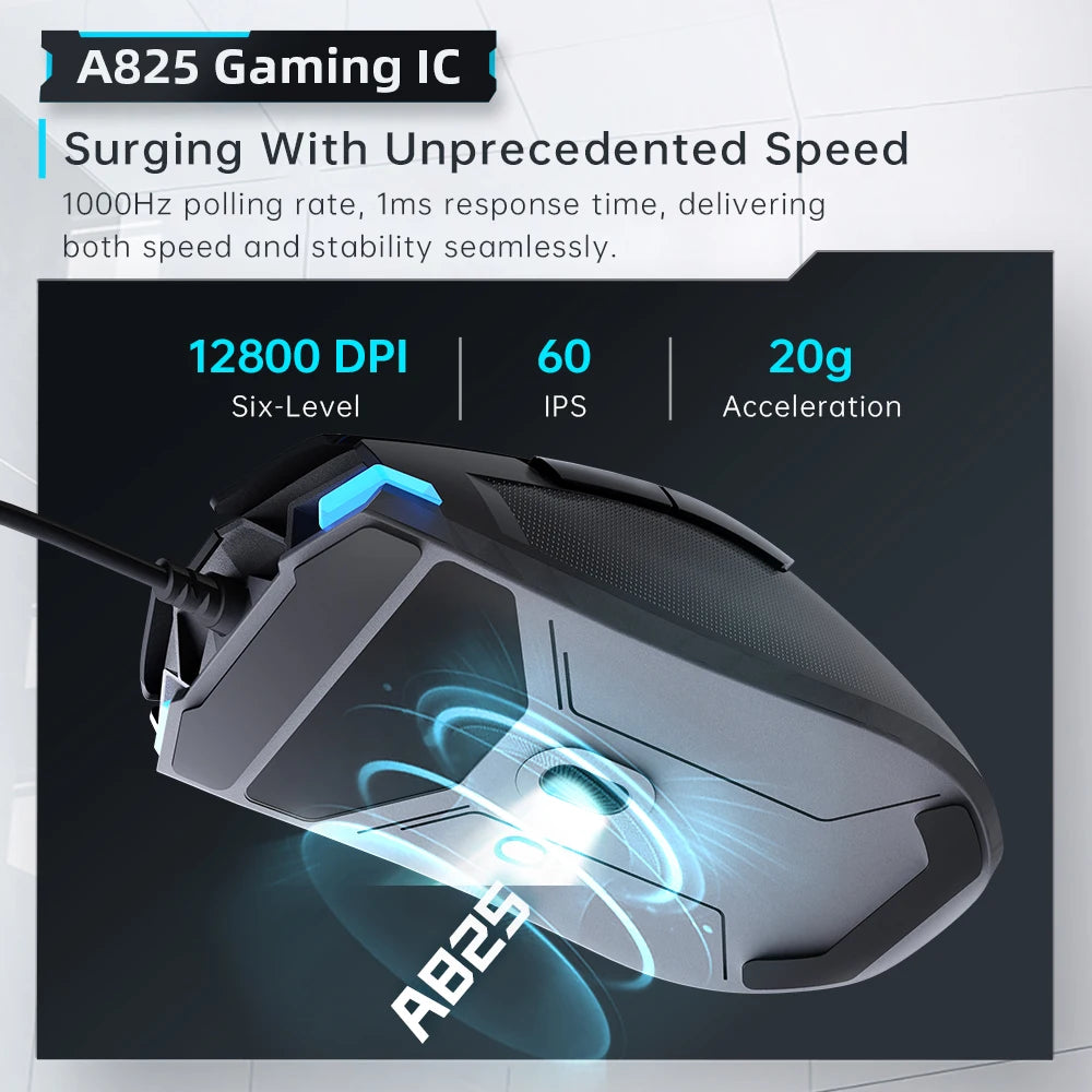Rato Gaming com Fio Machenike M7Pro USB Instant A825 12800DPI 1000Hz 7 Botões 65g RGB para Portátil e PC