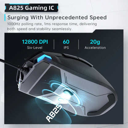Rato Gaming com Fio Machenike M7Pro USB Instant A825 12800DPI 1000Hz 7 Botões 65g RGB para Portátil e PC