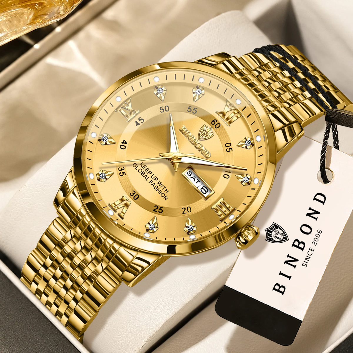 Montre-bracelet à quartz de luxe BINBOND pour homme – Étanche, lumineuse, avec affichage du jour de la semaine – Style business, sport, mode et décontracté