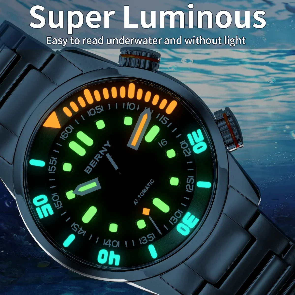 BERNY Automatic Dive Watch for Men Super Luminous 20ATM Diver Wristwatch Original Top Sapphire Swim Sport Mechanical Male Watch