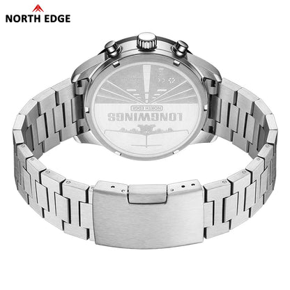 Relógio de Quartzo para Homem NORTH EDGE 2025 LONGWINGS, Alimentação Solar, Cronómetro, Impermeável 50M, Aço Inoxidável 316, Luminoso, Estilo Piloto