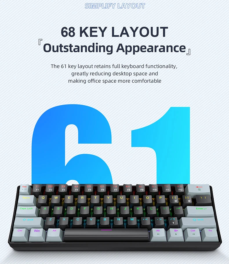 APAYADO K61 Mini-Mechanische Tastatur, kabelgebunden, 61 Tasten, Phantom RGB, schwarz/weiß, mechanische rote/blaue Switches für Gaming, 60% tragbar