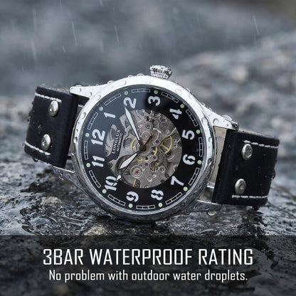LONGLUX men automatic watch vintage pilot tough guy mechanical watches skeleton waterproof luminous leather gift